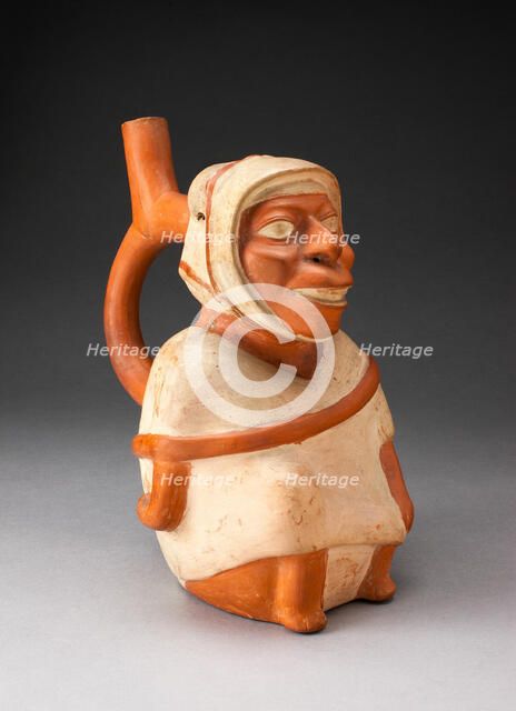 Handle Spout Vessel in the Form of a Seated Man Carrying a Bag, 100 B.C./A.D. 500. Creator: Unknown.
