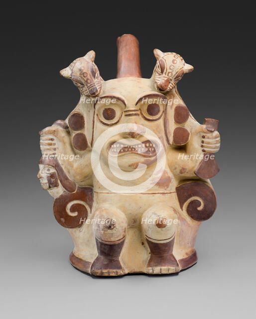 Handle Spout Vessel in Form of Sacrificer Wearing a Jaguar Headdress, 100 B.C./A.D. 500. Creator: Unknown.