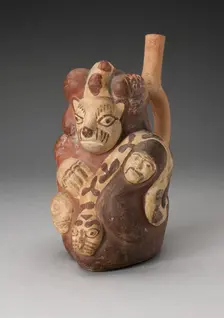 Handle Spouted Vessel with Composite Relief with Human Head, Puma, and Serpent, 100 B.C./A.D. 500. Creator: Unknown