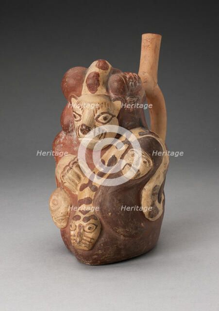Handle Spouted Vessel with Composite Relief with Human Head, Puma, and Serpent, 100 B.C./A.D. 500. Creator: Unknown.