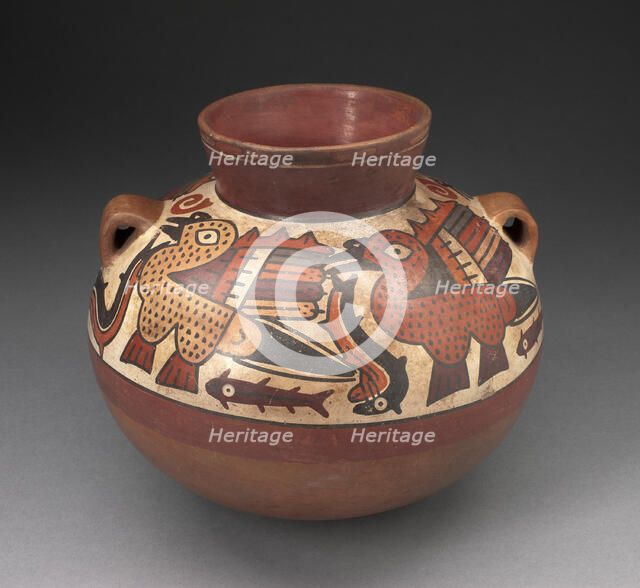 Handled Jar Depicting Birds Catching Fish, 180 B.C./A.D. 500. Creator: Unknown.