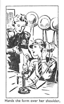 Hands the form over her shoulder 1940