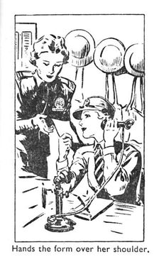 Hands the form over her shoulder 1940