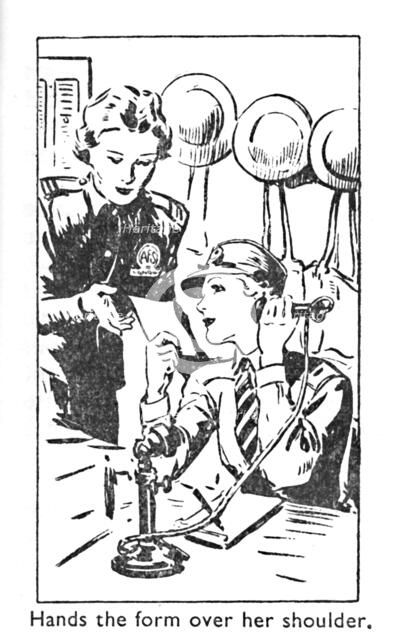 'Hands the form over her shoulder', 1940. Artist: Unknown.