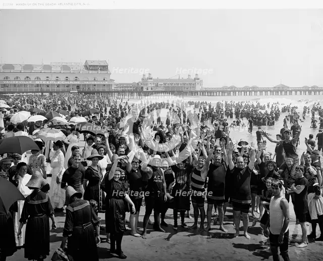 Hands up on the beach at Atlantic City, N.J., between 1900 and 1920. Creator: Unknown.