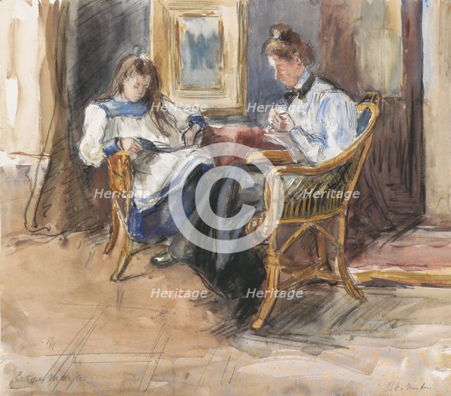Handworking lady and reading girl seated in wicker chairs, in the house at Riouwstraat 6...1872-1950 Creator: Barbara Elisabeth van Houten.