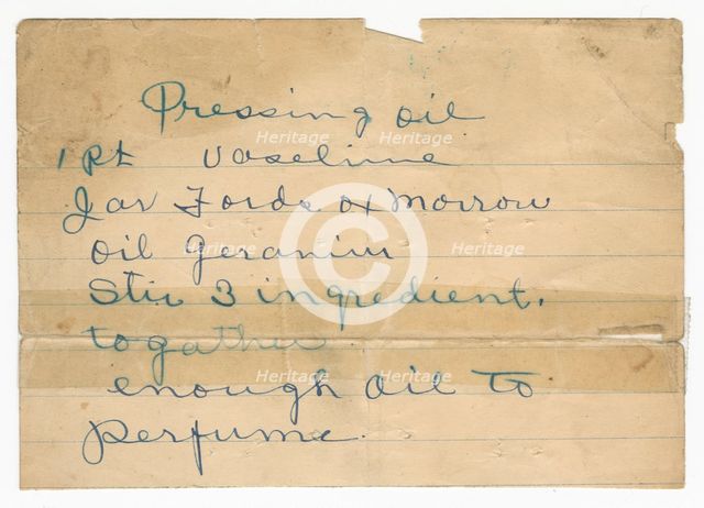 Handwritten formula for pressing oil, 1915-1953. Creator: Unknown.