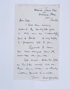 Handwritten letter by golfing author and cartoonist George Houghton, c1950s. Creator: George Houghton