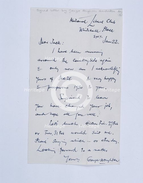 Handwritten letter by golfing author and cartoonist George Houghton, c1950s. Creator: George Houghton.
