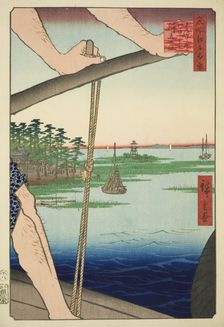 Haneda Ferry and Benten Shrine (Haneda no watashi Benten no yashiro), from the series..., 1858. Creator: Ando Hiroshige