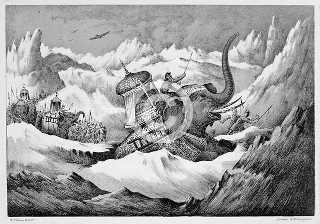 Hannibal and his war elephants crossing the Alps, 218 BC (19th century). Creator: Unknown.