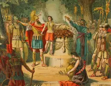 Hannibal in the Temple of Carthage with his father Hamilcar Barca..., 1881. Creator: Unknown