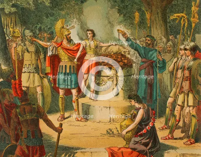 Hannibal in the Temple of Carthage with his father Hamilcar Barca..., 1881. Creator: Unknown.