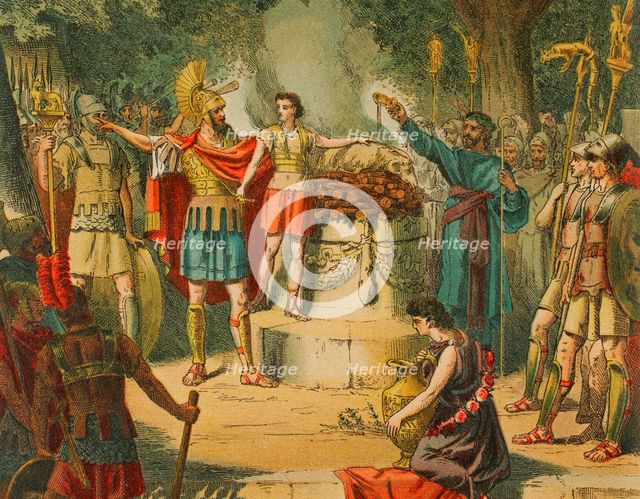 Hannibal in the Temple of Carthage with his father Hamilcar Barca..., 1881. Creator: Unknown.