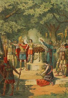 Hannibal in the Temple of Carthage with his father Hamilcar Barca..., 1881. Creator: Unknown