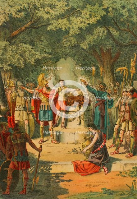 Hannibal in the Temple of Carthage with his father Hamilcar Barca..., 1881. Creator: Unknown.