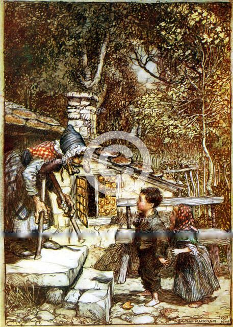 Hansel and Gretel and the Witch on the doorstep of her cottage. Artist: Arthur Rackham