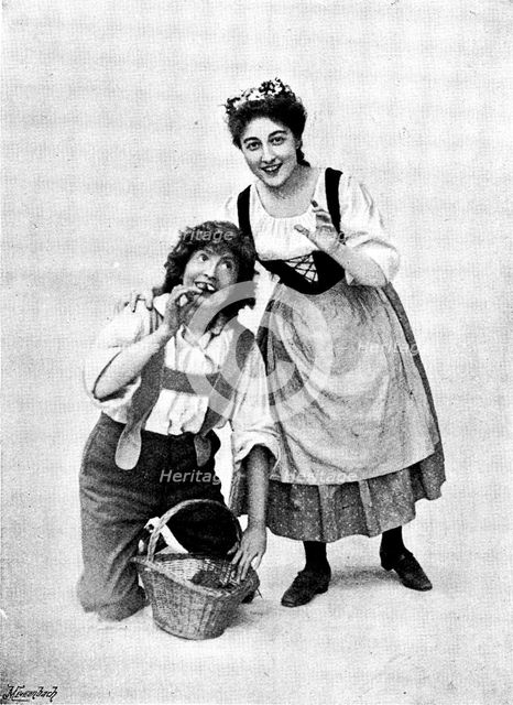 "Hänsel and Gretel,'' at the Gaiety Theatre: Marie Elba as Hänsel and Jeanne Douste as Gretel, 1895. Creators: George Meisenbach, George Henry Hana, Hana Studios Ltd.
