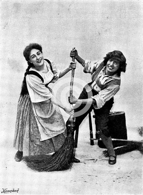 "Hänsel and Gretel,'' at the Gaiety Theatre: Jeanne Douste as Gretel and Marie Elba as Hänsel, 1895. Creators: George Meisenbach, George Henry Hana, Hana Studios Ltd.