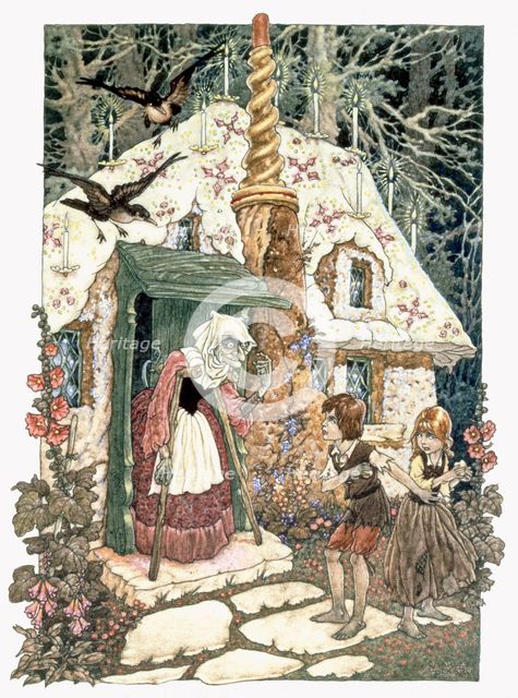 Hansel and Grethel from Grimms Fairy Tales, pub. 1911 (colour lithograph)