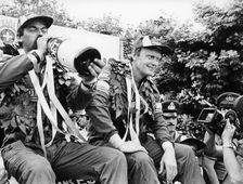 Hans Thorszelius drinking champagne and Bjorn Waldegaard, winners of the Acropolis Rally, 1979
