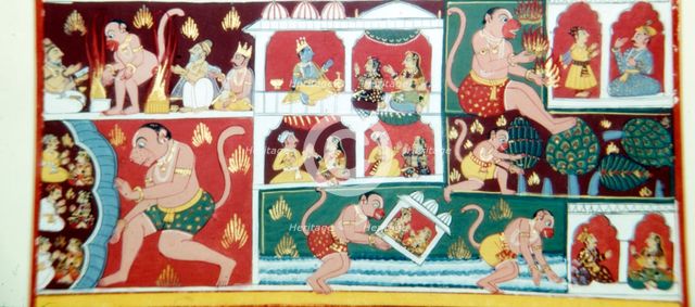 Hanuman, the Monkey-Demon, causing mischief among men, c1730. Artist: Unknown.