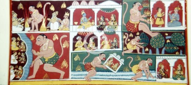 Hanuman, the Monkey-Demon, causing mischief among men, c1730. Artist: Unknown.