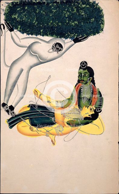 Hanuman, the monkey god, brings a Himalayan mountain with the herb... between 1800 and 1899. Creator: Unknown.
