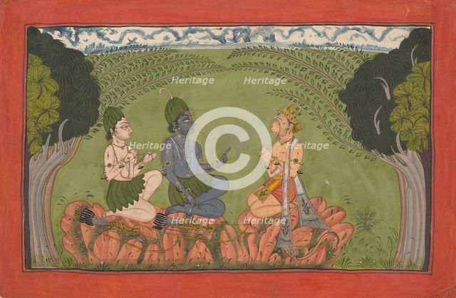 Hanuman before Rama and Lakshmana... the dispersed 'Mankot' Ramayana series, ca. 1710-25. Creator: Unknown.