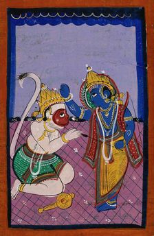 Hanuman kneeling before Rama. Creator: Unknown