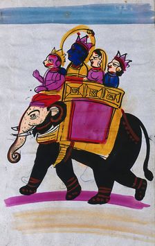 Hanuman leading an elephant carrying Rama, Sita and Laksmana. Creator: Unknown