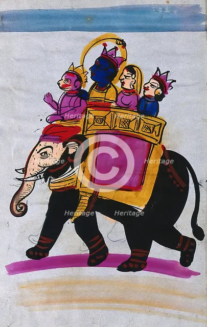 Hanuman leading an elephant carrying Rama, Sita and Laksmana. Creator: Unknown.