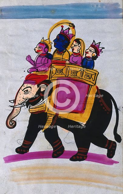 Hanuman leading an elephant carrying Rama, Sita and Laksmana. Creator: Unknown.