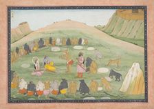 Hanuman Revives Rama and Lakshmana with Medicinal Herbs: Illustrated folio..., ca. 1790. Creator: Workshop active in the First generation after Nainsukh (active ca. 1735?78)