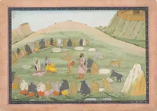 Hanuman Revives Rama and Lakshmana with Medicinal Herbs...,Ramayana series, ca. 1790. Creator: Workshop active in the First generation after Nainsukh (active ca. 1735-78)