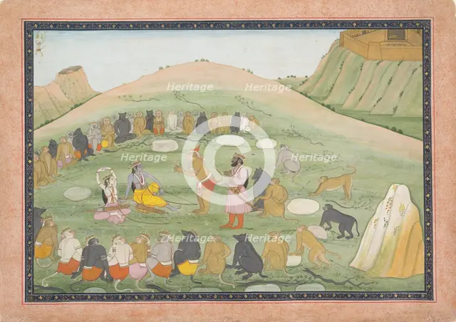 Hanuman Revives Rama and Lakshmana with Medicinal Herbs...,Ramayana series, ca. 1790. Creator: Workshop active in the First generation after Nainsukh (active ca. 1735-78).