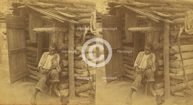 Happy little Bob. [Man playing fiddle in front of cabin], (1868-1900?). Creator: O. Pierre Havens.