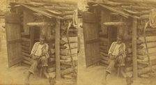 Happy little Bob. [Man playing fiddle in front of cabin], (1868-1900?). Creator: O. Pierre Havens