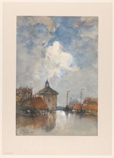 Harbour view with ships and a round tower, 1895. Creator: Johannes Gysbert Vogel
