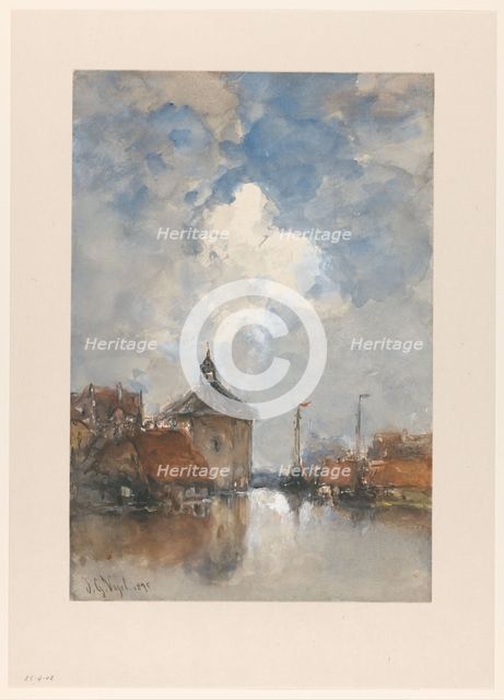 Harbour view with ships and a round tower, 1895. Creator: Johannes Gysbert Vogel.