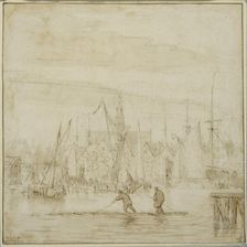 harbour with two men on a raft. Creator: Pieter Coopse
