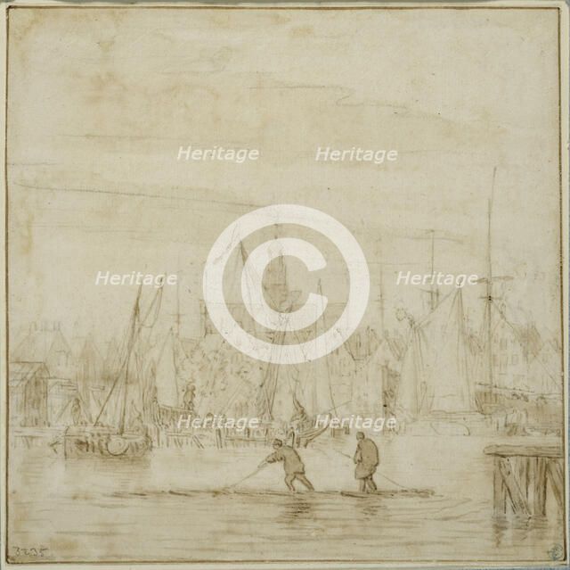 harbour with two men on a raft. Creator: Pieter Coopse.