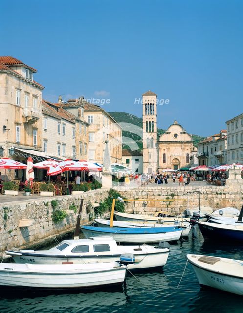 Harbour and cathedral, Hvar, Croatia. Creator: Peter Thompson.