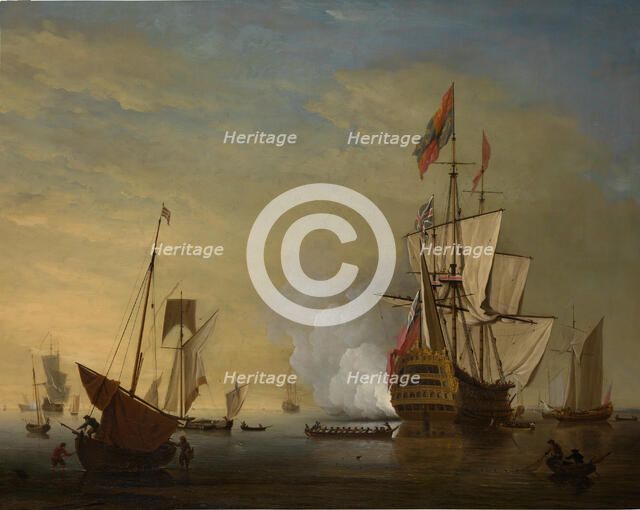 Harbor Scene: An English Ship with Sails Loosened Firing a Gun. Creator: Peter Monamy.