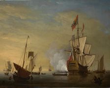 Harbor Scene: An English Ship with Sails Loosened Firing a Gun. Creator: Peter Monamy