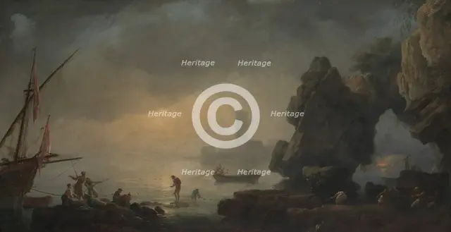 Harbor Scene with a Grotto and Fishermen Hauling in Nets. Creator: Unknown.