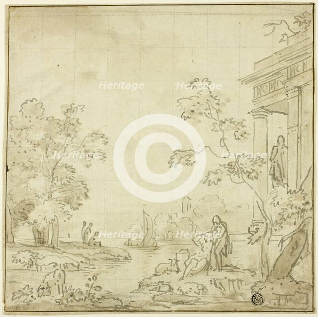 Harbor Scene with Figures, Temple, n.d. Creator: George Smith.