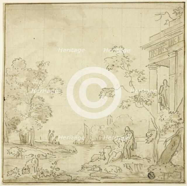 Harbor Scene with Figures, Temple, n.d. Creator: George Smith.