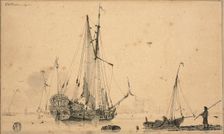 Harbor Scene with Ships and Fisherman, 1698. Creator: Sieuwert van der Meulen