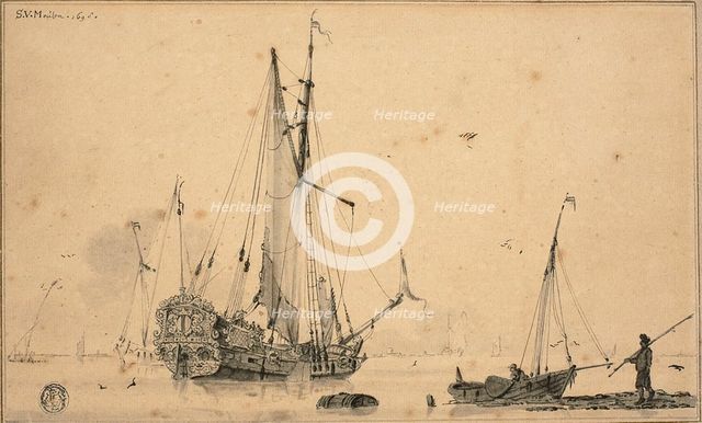 Harbor Scene with Ships and Fisherman, 1698. Creator: Sieuwert van der Meulen.